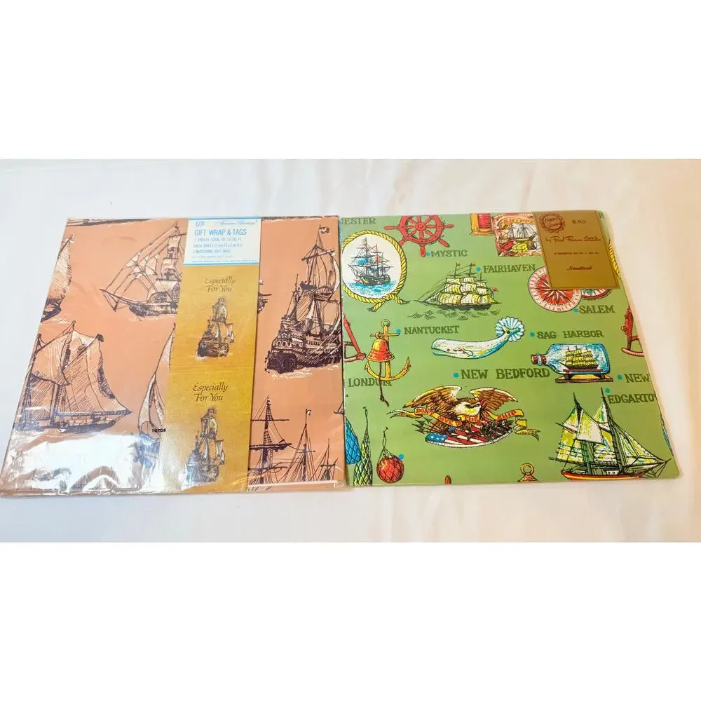 2 Packages Of Vintage Nautical Ships Themed Gift Wrap with 2 Sheets Each